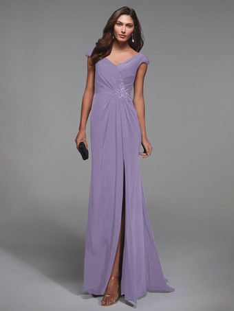 ライラックパーティードレス花嫁の母のための V ネック半袖レースの詳細マーメイドゲストドレス結婚式のための