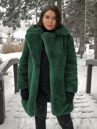 ダークグリーンフェイクファーコート ノッチラペル 冬 シック エコフレンドリー ロングジャケット レディース 2025