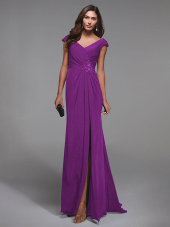 パープル パーティードレス花嫁の母のための V ネック半袖レースの詳細マーメイドゲストドレス結婚式のための