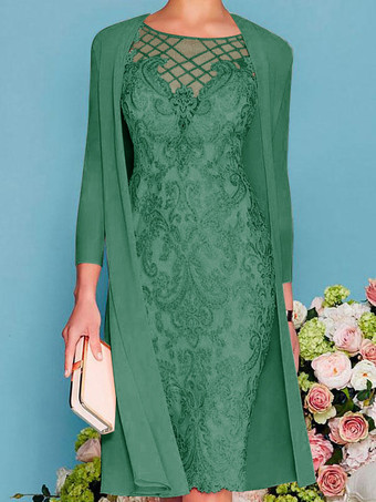 ブルーグリーンブライダルマザードレス 2点セット ジュエルネック 3/4丈スリーブ シース レース ビーズ ウェディングゲストドレス 無料カスタマイズ