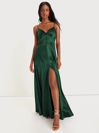 エメラルド ブライズメイドドレス スパゲッティストラップ オープンバック ハイスリット Aライン プロム マキシドレス