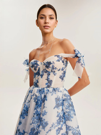 ライトスカイブルーのコルセットドレス タイストラップ フローラル Aライン エレガント パーティー プロム ミディドレス