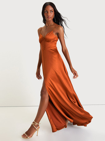 ブライズメイドドレス スパゲッティストラップ オープンバック ハイスリット Aライン プロム マキシドレス