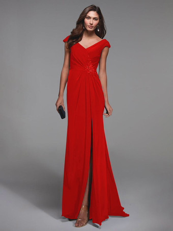 レッド パーティードレス花嫁の母のための V ネック半袖レースの詳細マーメイドゲストドレス結婚式のための