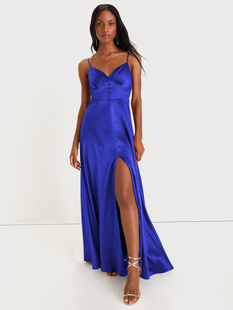 ロイヤルブルーブライズメイドドレス スパゲッティストラップ オープンバック ハイスリット Aライン プロム マキシドレス