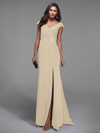 シャンパンパーティードレス花嫁の母のための V ネック半袖レースの詳細マーメイドゲストドレス結婚式のための