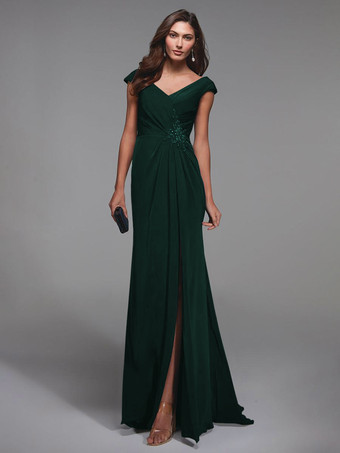ダークグリーンパーティードレス花嫁の母のための V ネック半袖レースの詳細マーメイドゲストドレス結婚式のための