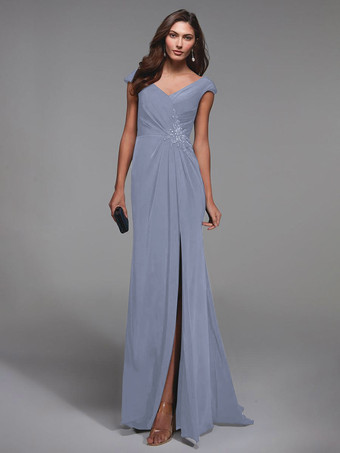 スチールブルーパーティードレス花嫁の母のための V ネック半袖レースの詳細マーメイドゲストドレス結婚式のための