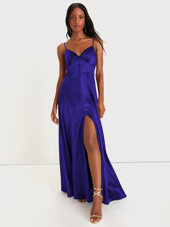 ダークネイビーブライズメイドドレス スパゲッティストラップ オープンバック ハイスリット Aライン プロム マキシドレス