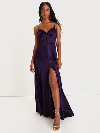 プラムブライズメイドドレス スパゲッティストラップ オープンバック ハイスリット Aライン プロム マキシドレス