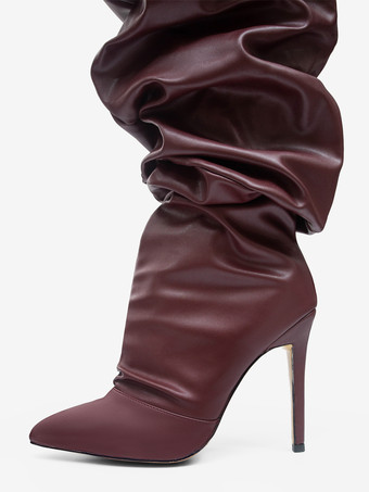 サイハイヒールブーツ プリーツ ブーツ ブライト レザー レディース ブラック