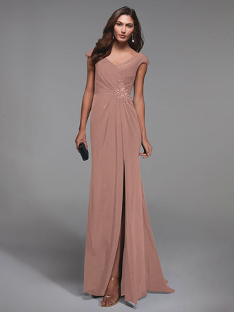 サーモンピンクパーティードレス花嫁の母のための V ネック半袖レースの詳細マーメイドゲストドレス結婚式のための