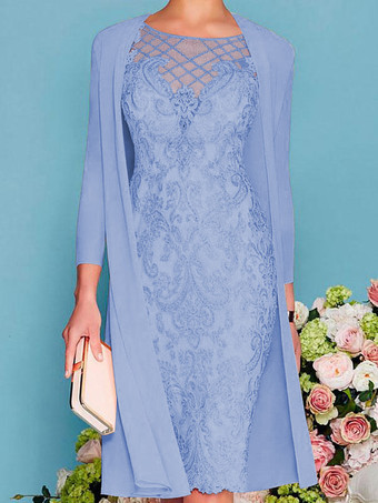 ベビーブルーブライダルマザードレス 2点セット ジュエルネック 3/4丈スリーブ シース レース ビーズ ウェディングゲストドレス 無料カスタマイズ