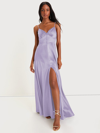 ライラックブライズメイドドレス スパゲッティストラップ オープンバック ハイスリット Aライン プロム マキシドレス