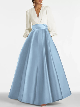 パステルブルーイブニングドレス Aライン Vネック フロアレングス 長袖 ジッパー プリーツ サテン生地 フォーマルパーティードレス