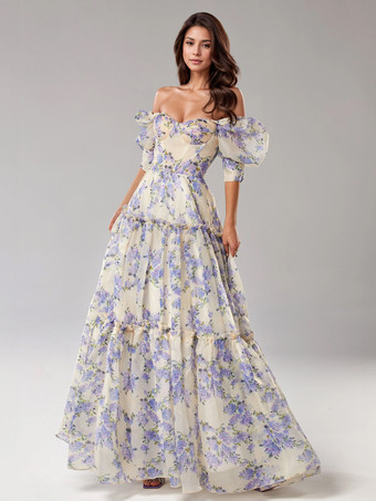 ライトスカイブルーパーティードレス 花柄 オフショルダー ティアード Aライン エレガント プロム マキシ フォークロア ドレス