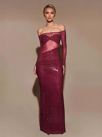 ワインレッド 透け感のあるボディコンロングドレス、アシンメトリーカット、オフショルダー、ロングスリーブ、セクシークラブドレス、レディース 2025