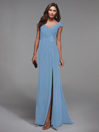 ベビーブルーパーティードレス花嫁の母のための V ネック半袖レースの詳細マーメイドゲストドレス結婚式のための