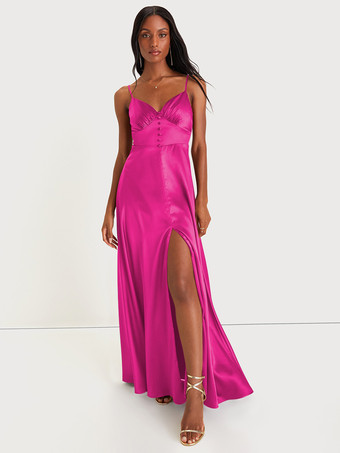 ローズレッドブライズメイドドレス スパゲッティストラップ オープンバック ハイスリット Aライン プロム マキシドレス