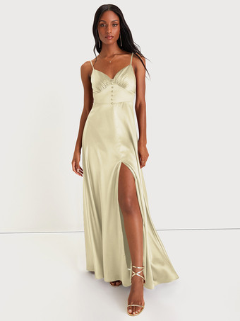 シャンパンブライズメイドドレス スパゲッティストラップ オープンバック ハイスリット Aライン プロム マキシドレス