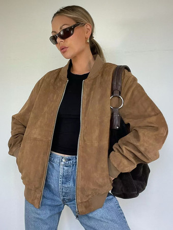 ブラウンスエード ボンバー ジャケット ブラウン スタンドカラー ジップアップ オーバーサイズ 春アウター レディース 2025