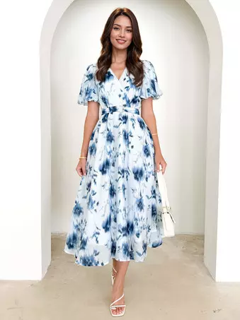 Blue Floral Printed Dress With Belt Puff Sleeves Elegant A-Line Midi Dress  For Women 2026