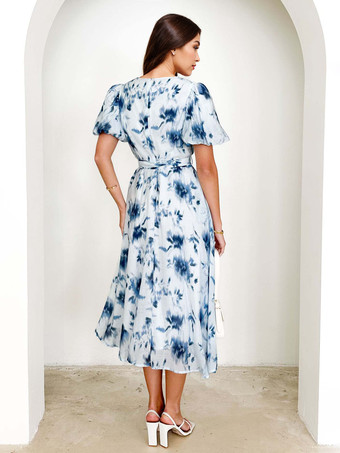 ベルト付きブルーフローラルプリントドレス、パフスリーブ、エレガントなAラインミディドレス、レディース2025