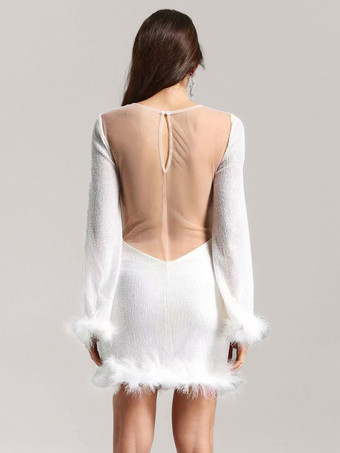 Mini abito bianco con piume e paillettes senza schienale abiti da festa di compleanno
