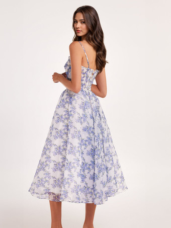 花柄ドレス スパゲッティストラップ バックレス レースアップ バースデーパーティー ミディドレス