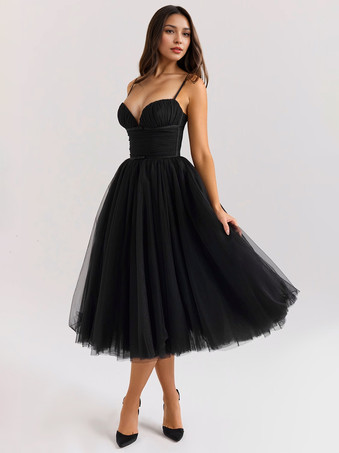 ブラック スイートチュールミディドレス Aライン バースデーパーティー スリップドレス レディース 2025