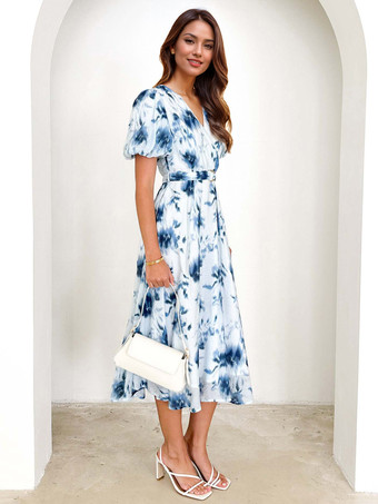 ベルト付きブルーフローラルプリントドレス、パフスリーブ、エレガントなAラインミディドレス、レディース2025