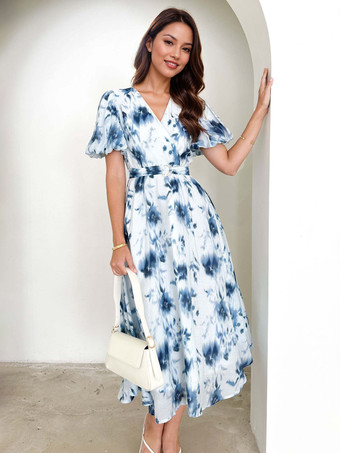 ベルト付きブルーフローラルプリントドレス、パフスリーブ、エレガントなAラインミディドレス、レディース2025