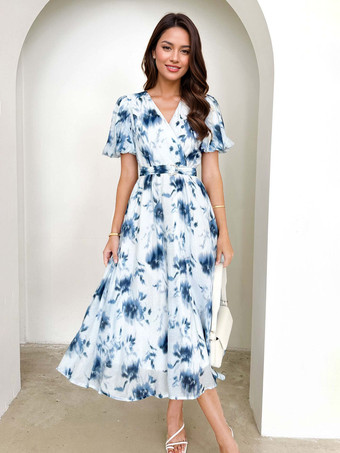 ベルト付きブルーフローラルプリントドレス、パフスリーブ、エレガントなAラインミディドレス、レディース2025