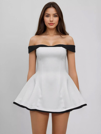 ホワイト オフショルダーミニドレス 長袖 Aライン セクシー バースデーパーティードレス レディース 2025