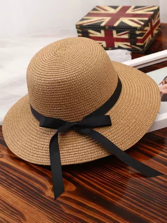 Brown Raffia Woven Straw Sun Foldable Hat with Bowknot And Pearl Accents Anna-Kaci Women main image 4