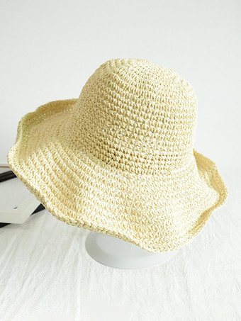 アイボリー 夏用編み麦わら帽子 女性用 日焼け防止 折りたたみ式 ビーチハット 2025