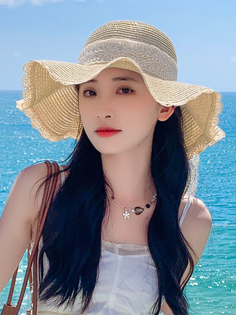 レースの蝶結びが付いた大きなつばの麦わら帽子 夏用 通気性 日焼け防止 ビーチハット 2025
