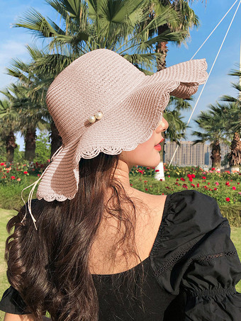 ピンクサマーウェーブ つば広麦わら帽子 日焼け防止 ビーチサンハット 女性用 2025