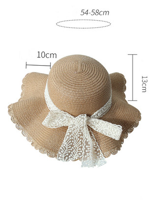 レースの蝶結びが付いた大きなつばの麦わら帽子 夏用 通気性 日焼け防止 ビーチハット 2025