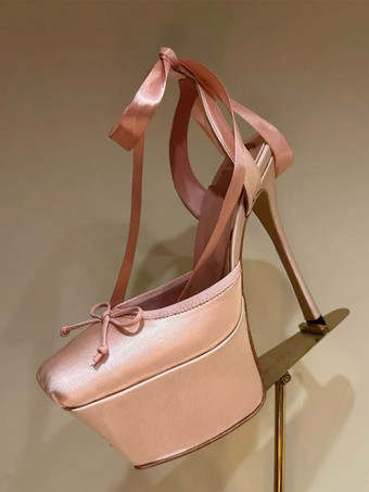 ピンクレディース ハイヒール サテン プラットフォーム ボウ レースアップ パーティーシューズ 2025