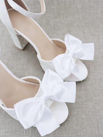 ブライダルサンダル ホワイト スパンコール オープントゥ リボン チャンキーヒール ウェディングサンダル