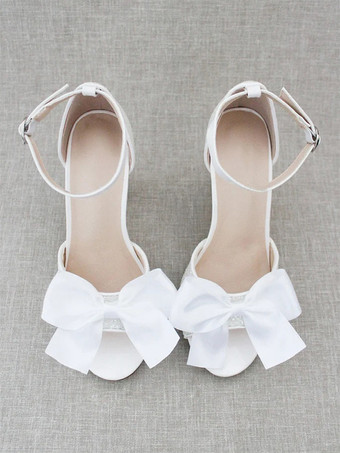 ブライダルサンダル ホワイト スパンコール オープントゥ リボン チャンキーヒール ウェディングサンダル