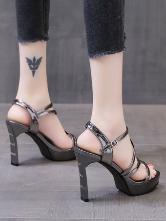 レディースヒールサンダルスクエアトゥサンダルチャンキーヒールパテントPUアッパー