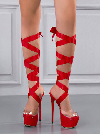 レッド 女性のセクシーなサンダルブラックPUレザーオープントゥセクシーシューズ