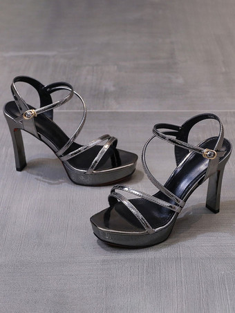 レディースヒールサンダルスクエアトゥサンダルチャンキーヒールパテントPUアッパー