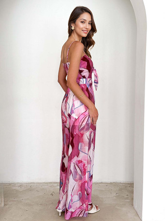 プリントスリップジャンプスーツ、タイフロント付き、ワイドレッグ、女性用夏服 2026