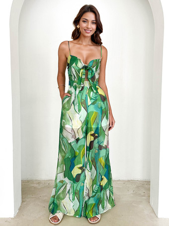 グリーン プリントスリップジャンプスーツ、タイフロント付き、ワイドレッグ、女性用夏服 2026