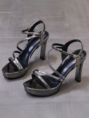 レディースヒールサンダルスクエアトゥサンダルチャンキーヒールパテントPUアッパー