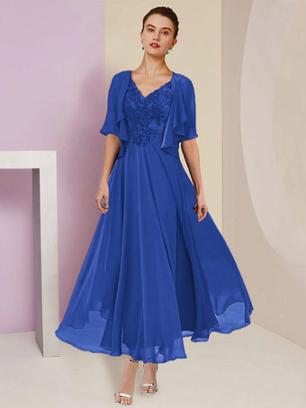 ダズリンブルーマザードレス Vネック 半袖 Aライン レース ティーレングス ウェディングゲストドレス 無料カスタマイズ