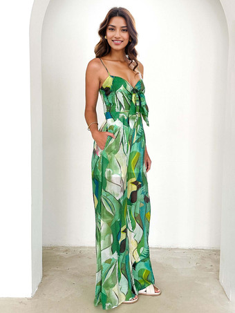 プリントスリップジャンプスーツ、タイフロント付き、ワイドレッグ、女性用夏服 2026